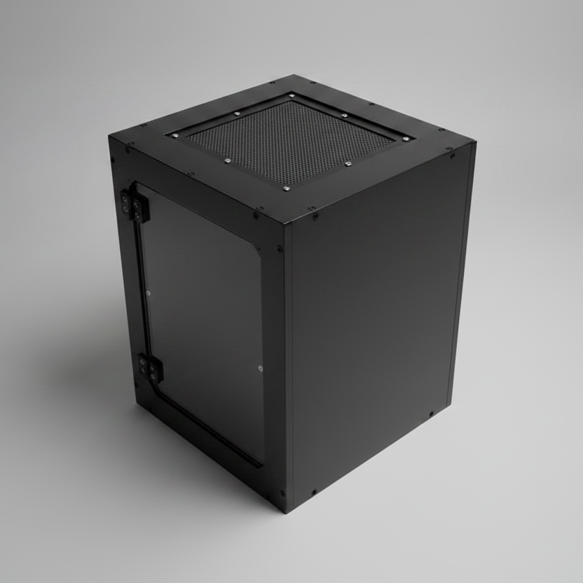 Black enclosure made from PVC on a gray background