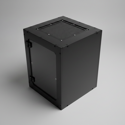 Black enclosure made from PVC on a gray background