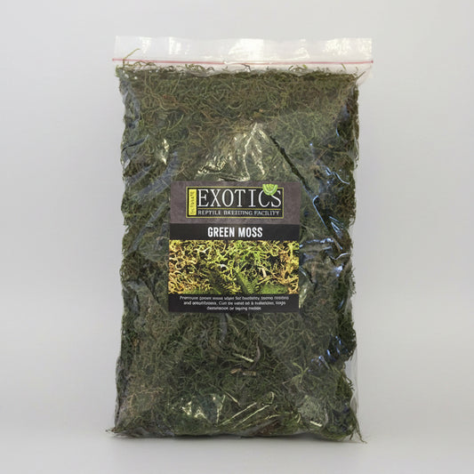 Bag of green moss with Exotics label on a white background