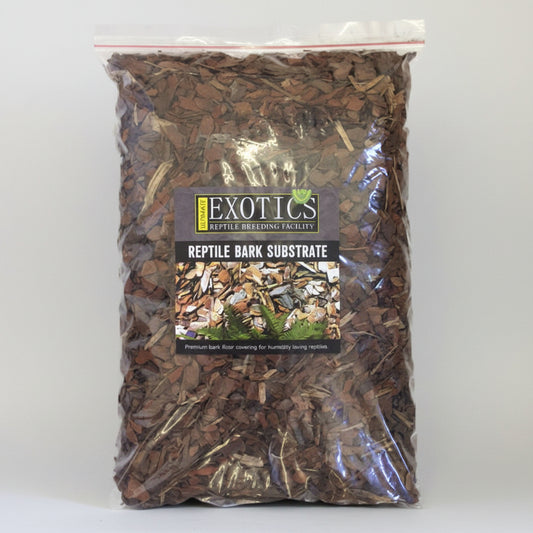 Bag of reptile bark substrate with Exotics label on a white background