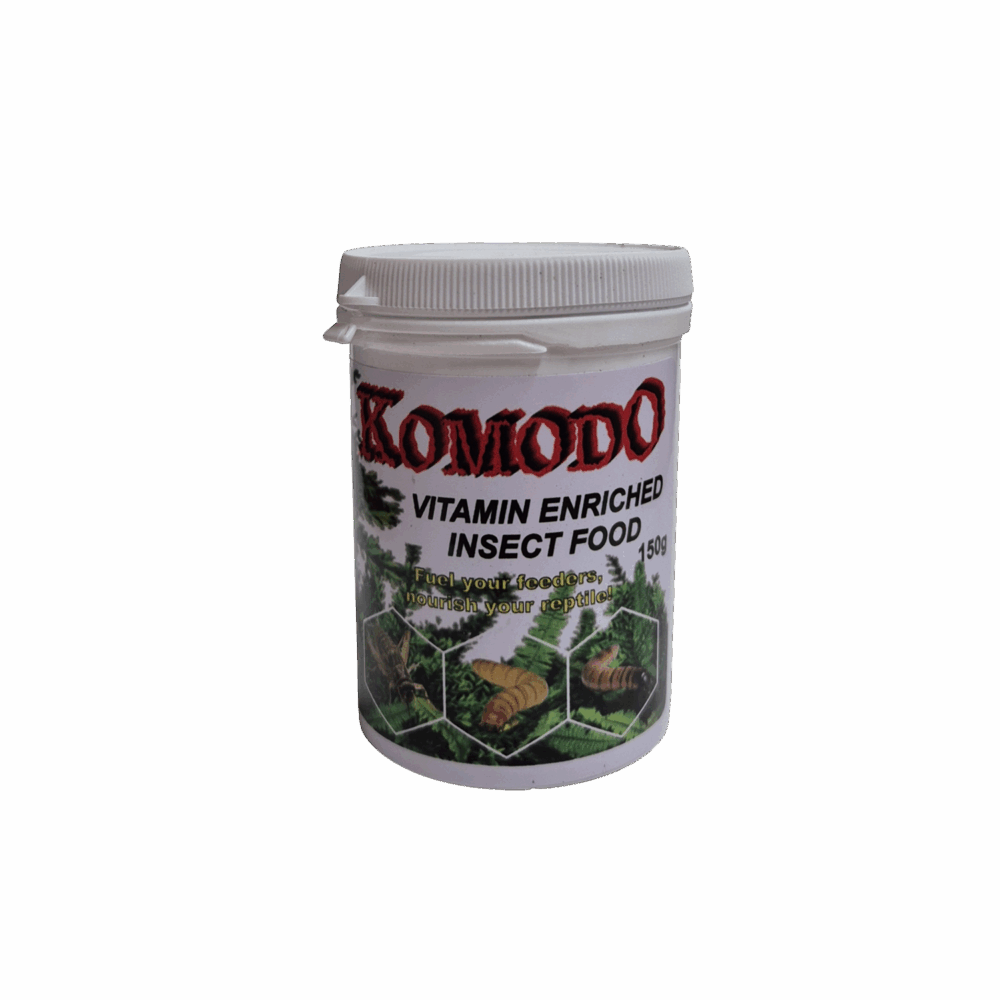 Komodo vitamin enriched insect food container on a gray background