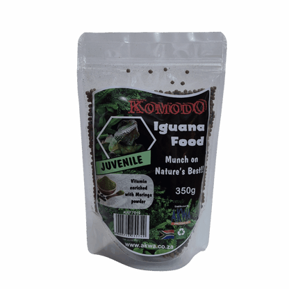 A 350g stand-up pouch of Komodo Iguana Food Juvenile munched pellets, shown against a solid light gray background.