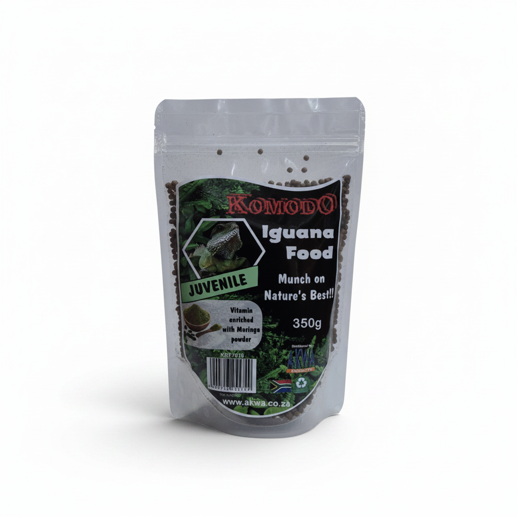A 350g stand-up pouch of Komodo Iguana Food Juvenile munched with beetle powder, shown on a clean white background.