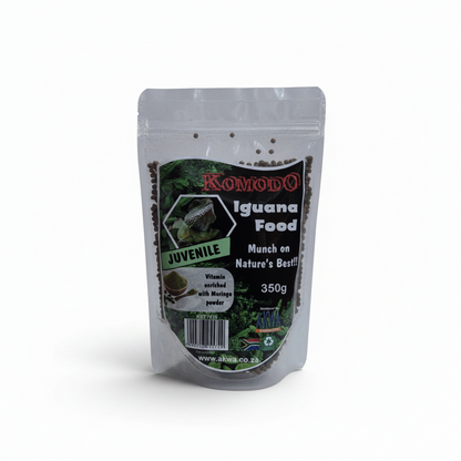 A 350g stand-up pouch of Komodo Iguana Food Juvenile munched with beetle powder, shown on a clean white background.