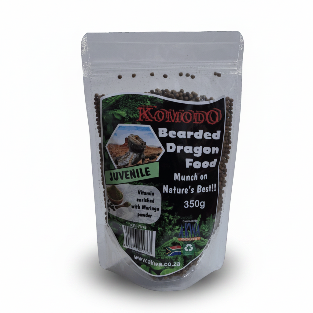 A 350g stand-up pouch of Komodo Bearded Dragon Food (Juvenile) containing dark brown pellets, shown on a white background with a soft shadow.