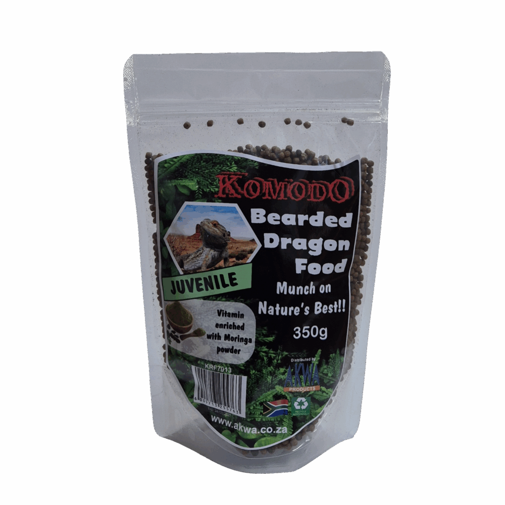 A 350g stand-up pouch of Komodo Bearded Dragon Food for juveniles, filled with dark brown pellets, shown against a light gray background.