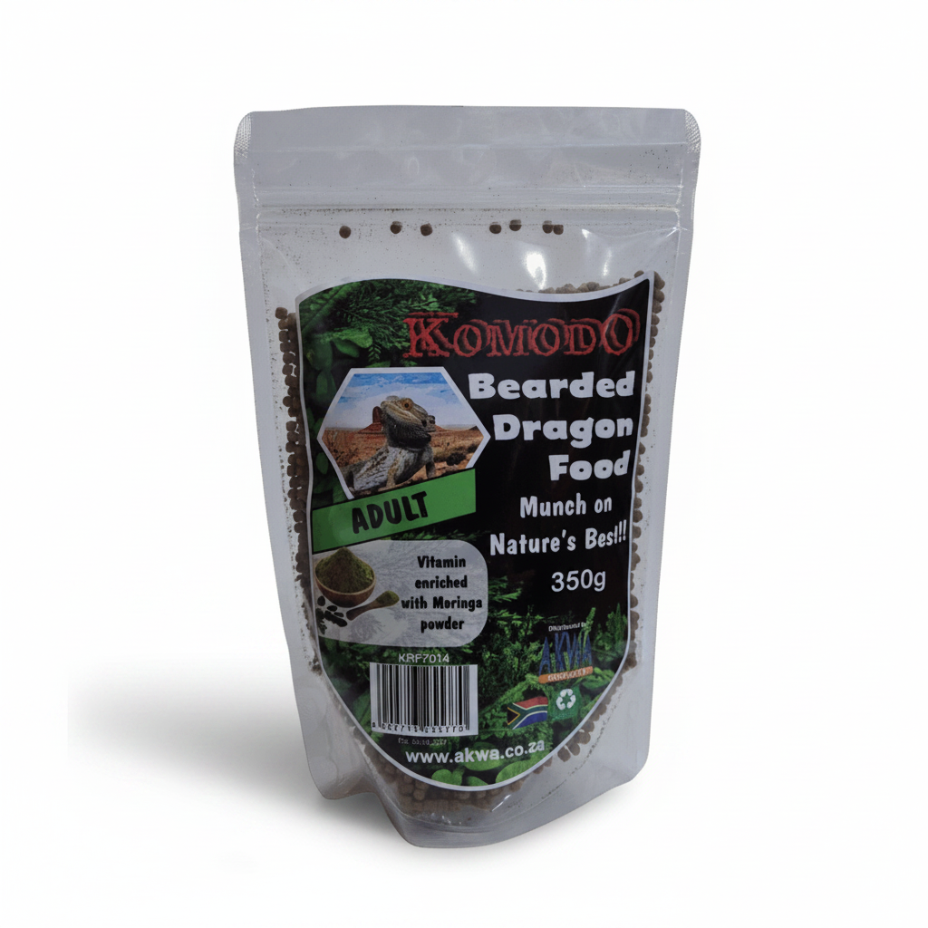 A 350g stand-up pouch of Komodo Bearded Dragon Food for adults, shown against a solid gray background.