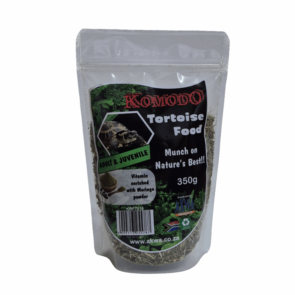 A 350g stand-up pouch of Komodo Tortoise Food, featuring a black and green label with a picture of a tortoise and product details, set against a light gray background.