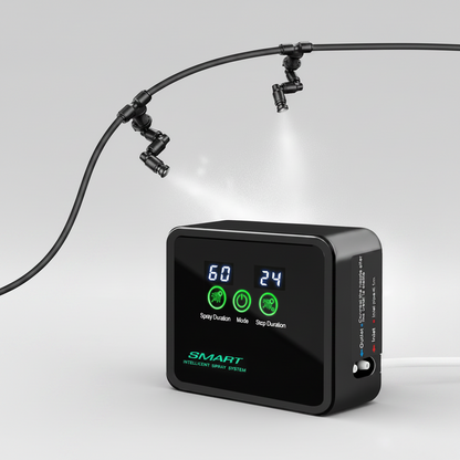 A black SMART wireless sprinkler controller with a digital display screen, shown with its black hose and nozzle attachments spraying water against a light gray background.
