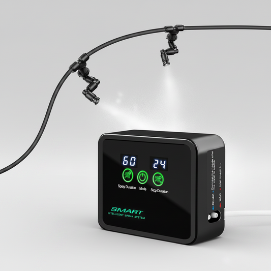 A black SMART wireless sprinkler controller with a digital display screen, shown with its black hose and nozzle attachments spraying water against a light gray background.