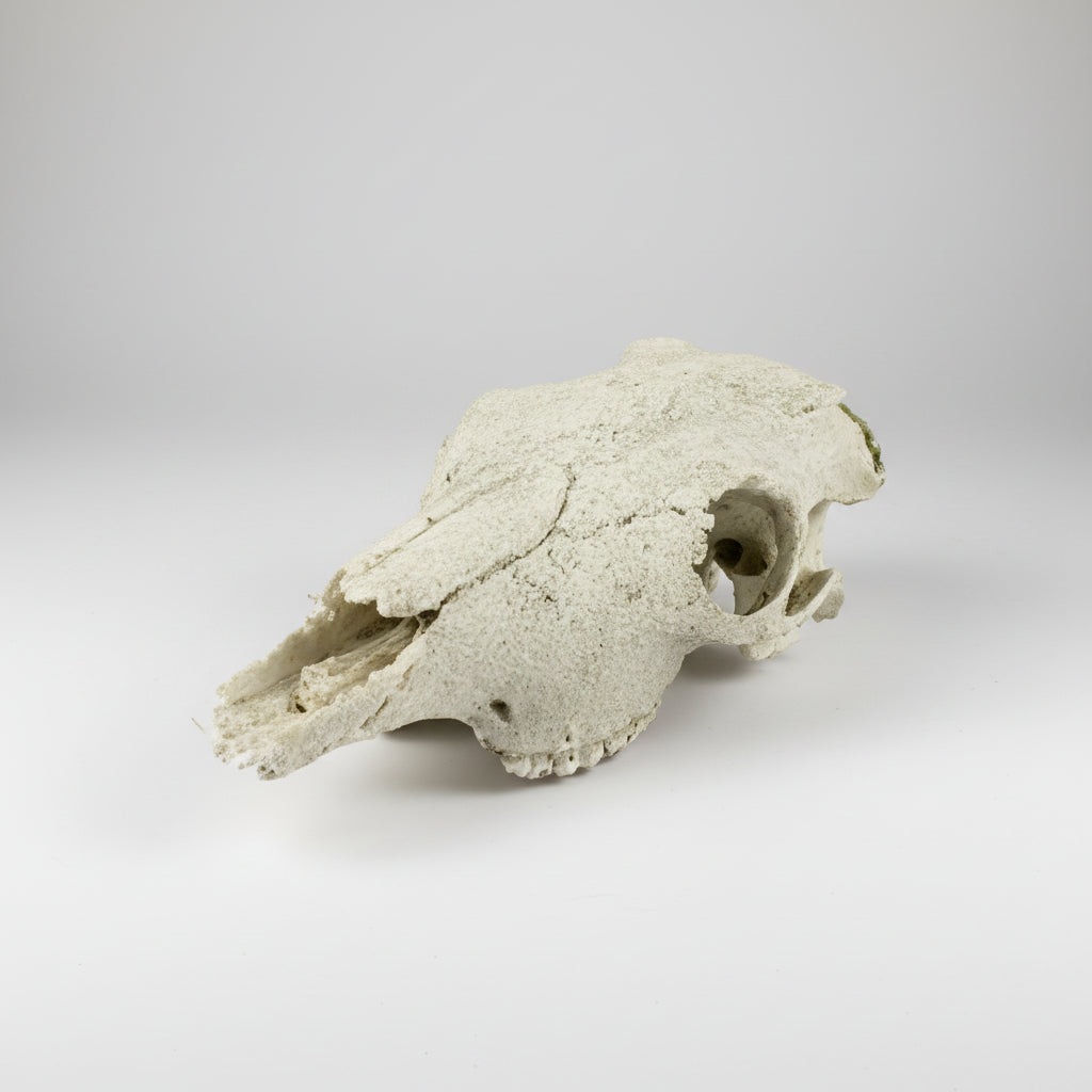 A textured, light gray stone or concrete skull replica, photographed on a seamless white background.