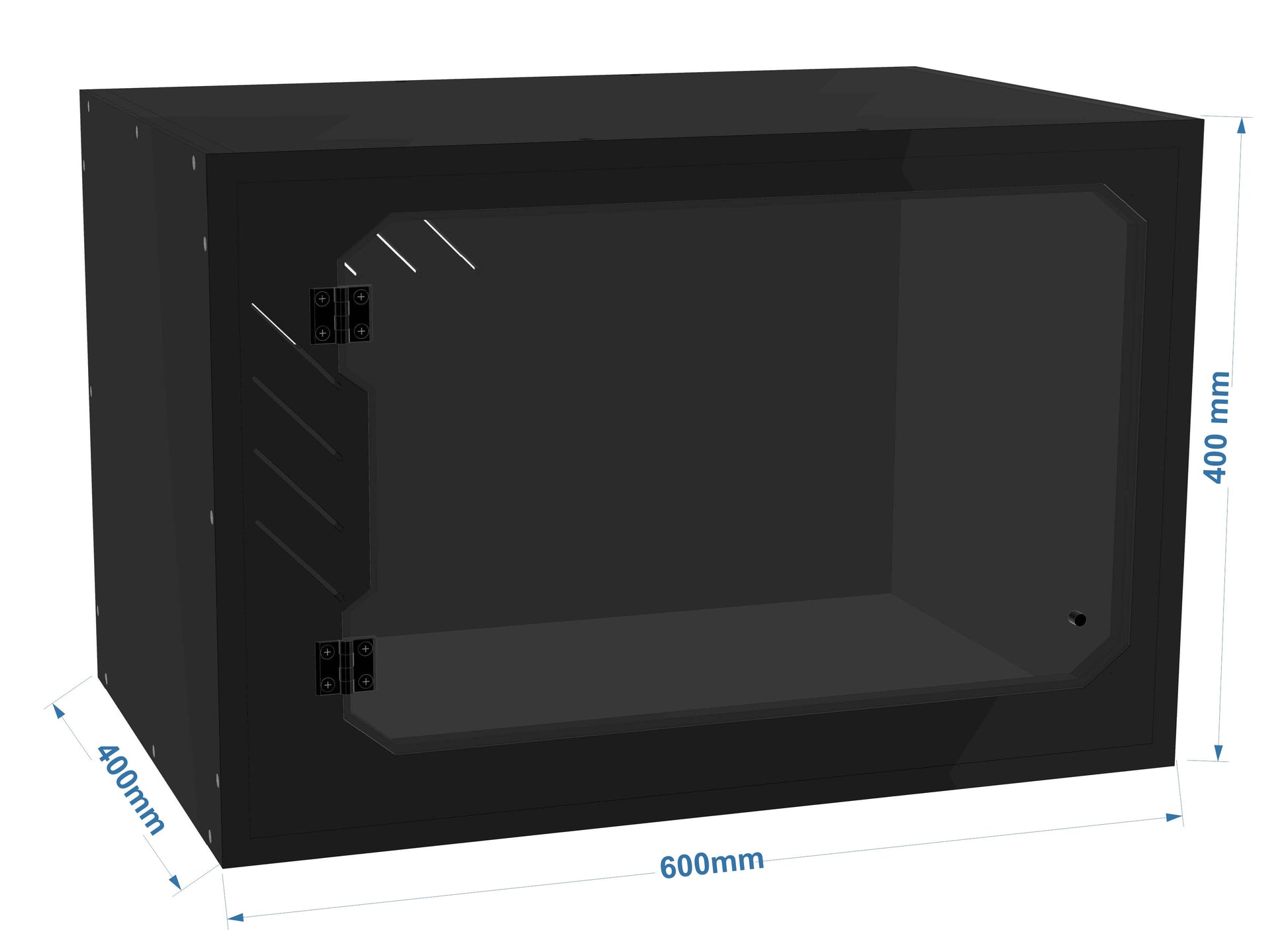 Black computer case with dimensions indicated on a white background