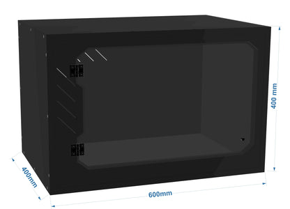 Black computer case with dimensions indicated on a white background