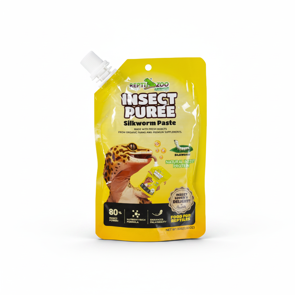 A yellow Reptile Zoo Insect Puree Silkworm Paste pouch with a white spout, featuring a gecko illustration and product details on a white background.
