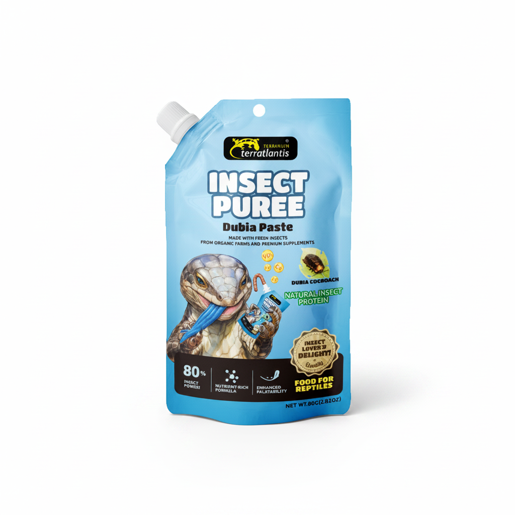 A blue Teraflantis Insect Puree Dubia Paste pouch for reptiles, featuring a picture of a dubia beetle on the front, set against a plain white background.