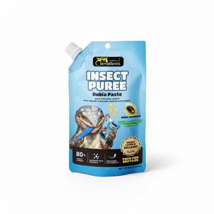 A blue Teraflantis Insect Puree Dubia Paste pouch for reptiles, featuring a picture of a dubia beetle on the front, set against a plain white background.