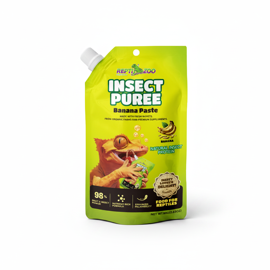 A bright lime green stand-up pouch of APT. THE ZOO Insect Puree Banana Paste, featuring a cartoon illustration of a green bug and a banana, on a plain white background.