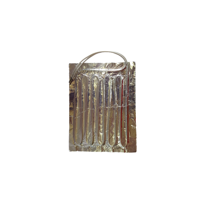 Metallic reflective pouch with a handle on a white background