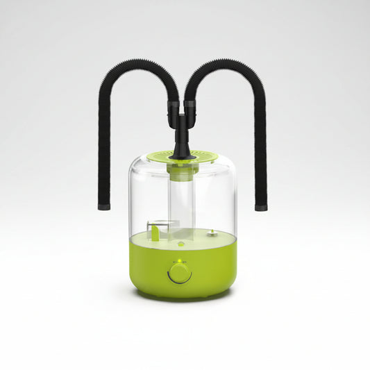 A clear cylindrical humidifier or diffuser container with a bright lime green base and matching green top, featuring two black flexible curved tubes extending upward. 
