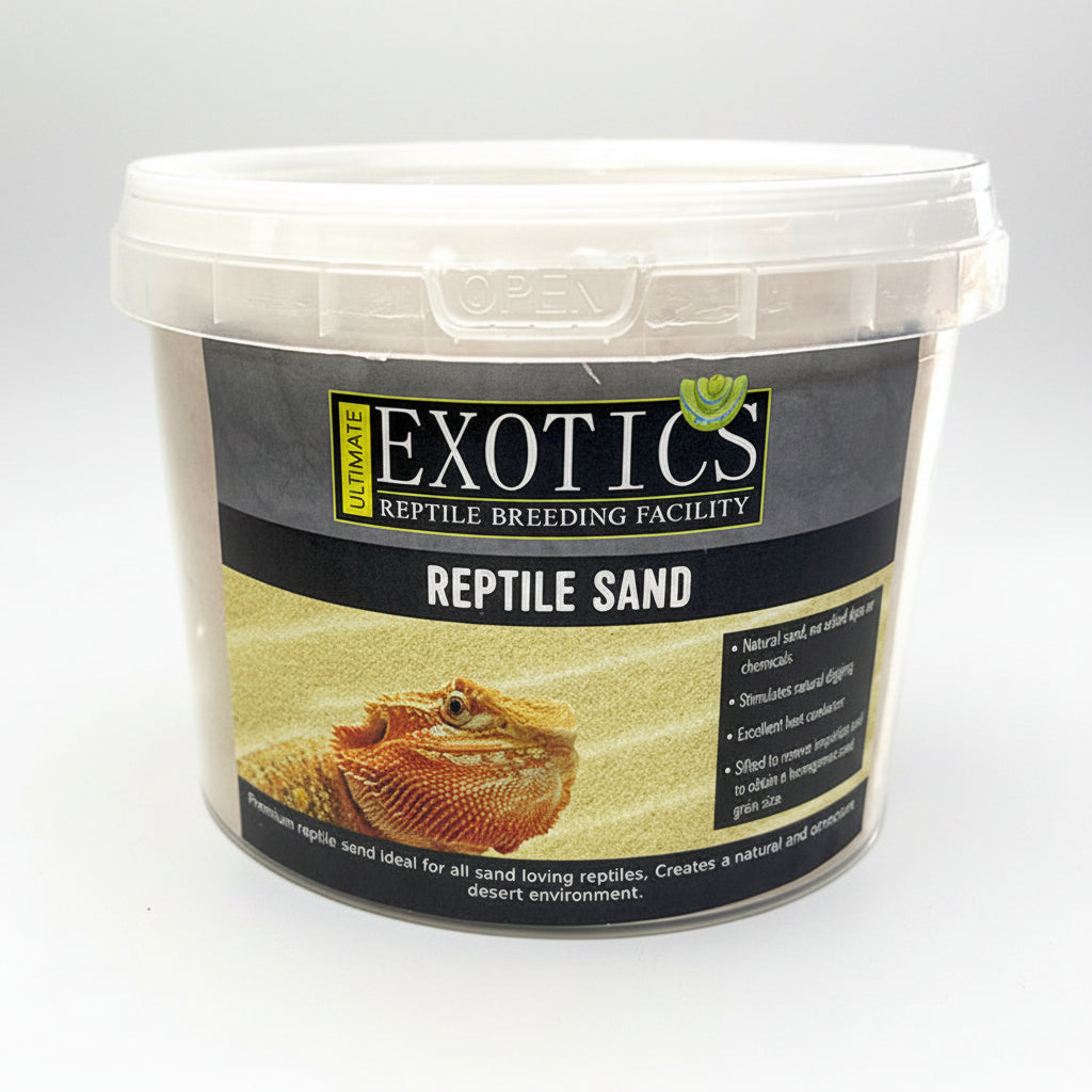 A tub of Exotics Reptile Sand with a clear plastic lid and a label showing a bearded dragon and the Exotics Reptile Breeding Facility logo.
