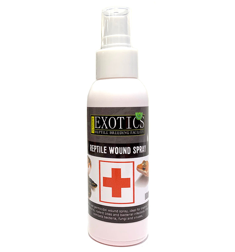 Reptile wound spray bottle with Exotics label on a white background