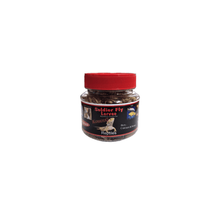 A jar of Rhinoceros Soldier Fly Larvae food for cats, featuring a red screw-on lid and a black label with product details.