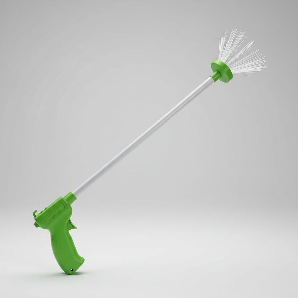 A hand holds a long-handled wall spider trap with a green trigger and white sticky brushes, aiming it at a spider on a white wall in an indoor room.