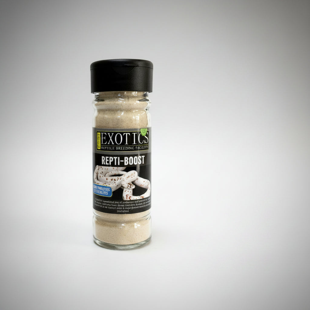 A bottle of Exotics Repti-Boost reptile breeding supplement powder, featuring a black cap and a black label with white and yellow text, set against a plain white background.