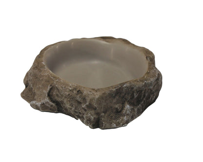 Close-up of hyper-realistic resin water dish for terrarium use