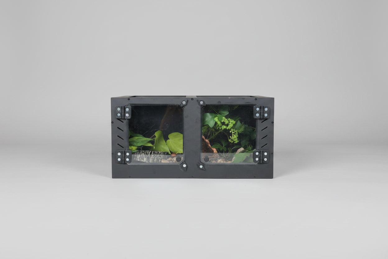 Black pvc enclosure with plexi glass doors on a gray background