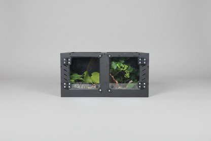 Black pvc enclosure with plexi glass doors on a gray background