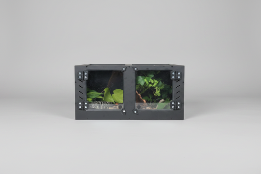 Black pvc enclosure with plexi glass doors on a gray background