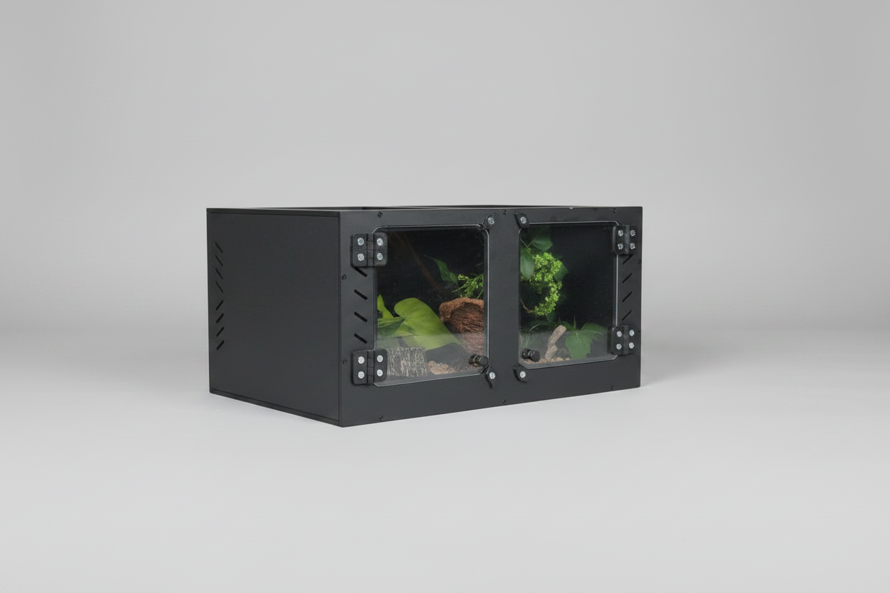 Black pvc enclosure with plexi glass doors on a gray background