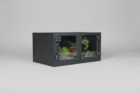 Black pvc enclosure with plexi glass doors on a gray background