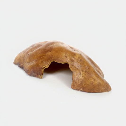 A brown gecko hiding cave for pets, shown on a white background 