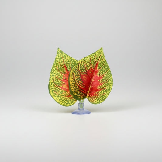 Three artificial decorative leaves with green, yellow, and red variegated patterns on a clear stand, shown on a white background with the brand name NOMOY PET in the top left corner.