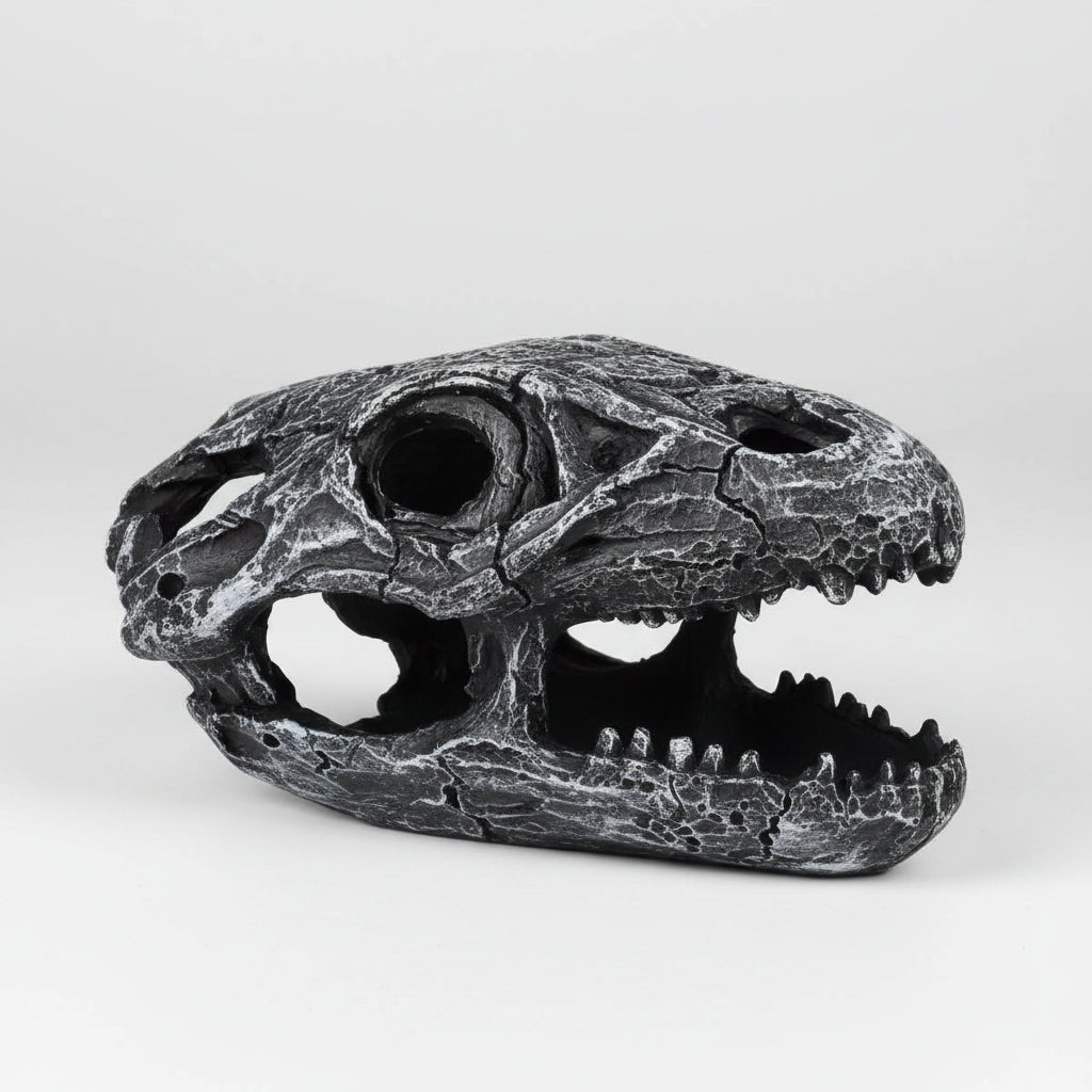 A realistic black and silver alligator or crocodile skull sculpture with an open mouth, shown against a plain white background.
