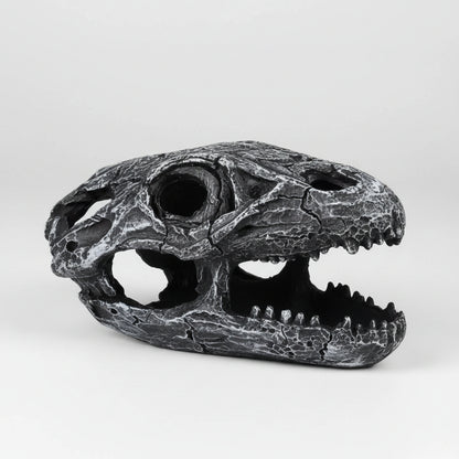 A realistic black and silver alligator or crocodile skull sculpture with an open mouth, shown against a plain white background.
