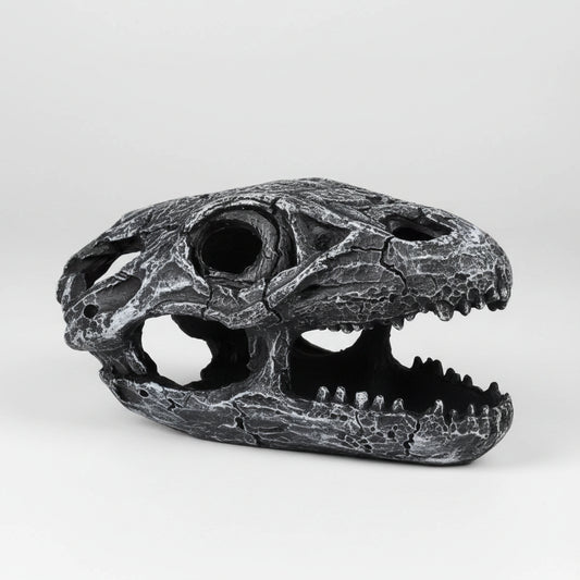 A realistic black and silver alligator or crocodile skull sculpture with an open mouth, shown against a plain white background.