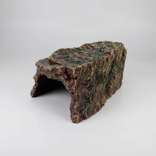 A small artificial rock hide or cave decoration with a rough, mossy textured surface, isolated on a white background.