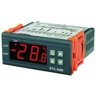 STC-1000 controller image: "STC-1000 dual-mode temperature controller with 110V and 220V compatibility."