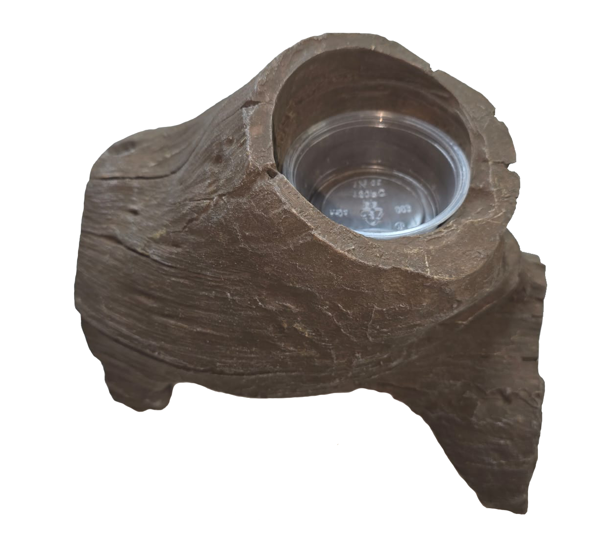 Medium tree stump resin feeding bowl with naturalistic design for reptiles.