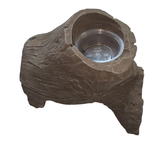 Medium tree stump resin feeding bowl with naturalistic design for reptiles.